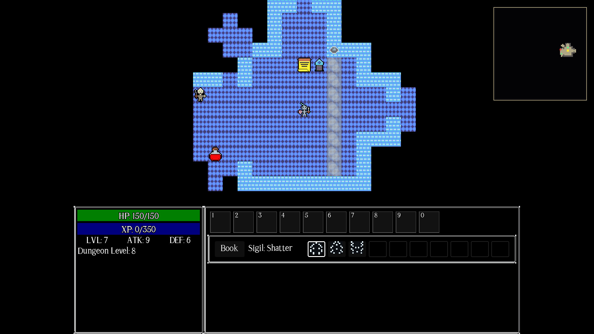 Dungeons of Delveria gameplay screenshot showing an icy dungeon room and the sigil interface.